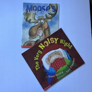 Set Of 2 Childrens Story Books Paperback The Very Noisy Night Mooses Loose Tooth